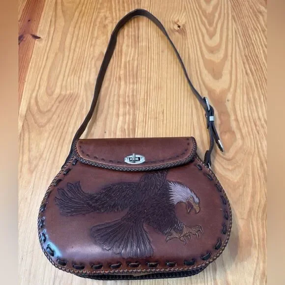 Vintage Handmade Tooled Leather Eagle Bird Saddlebag Shoulder Purse Western - Picture 2 of 16